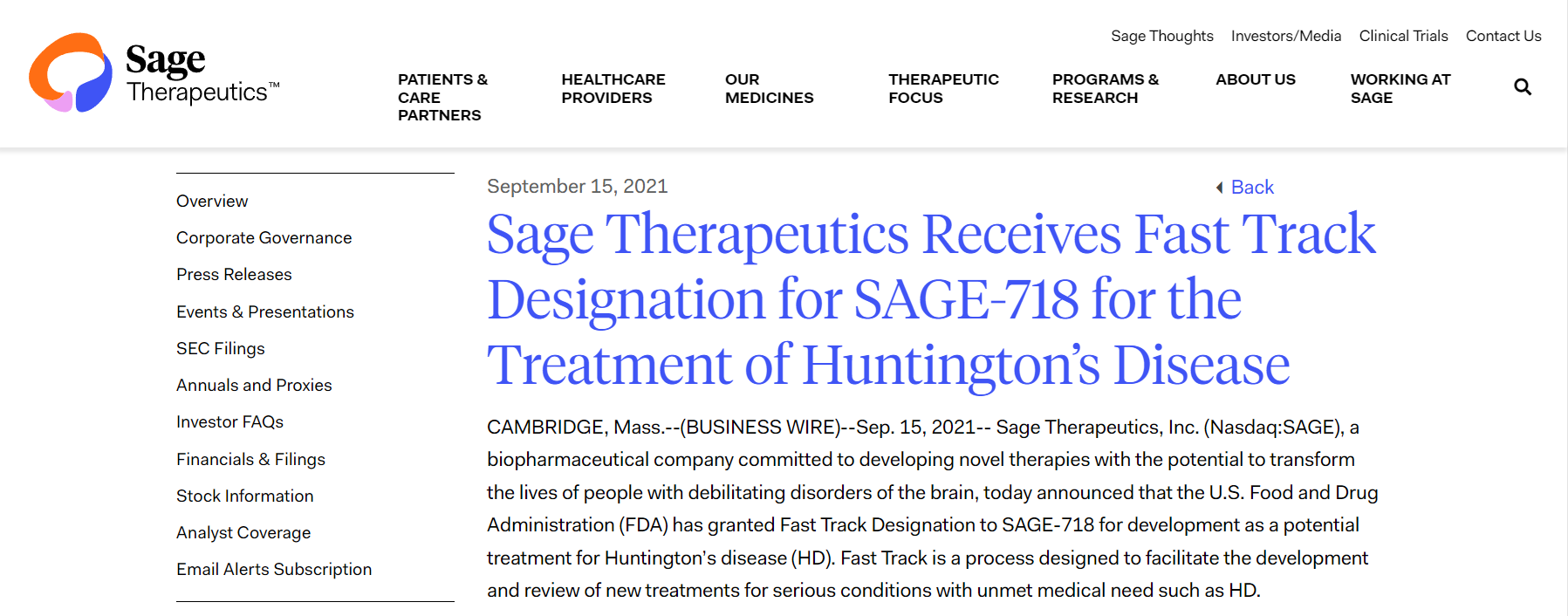 奥来恩医药-Sage Therapeutics官网